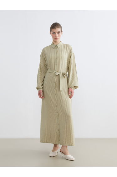 Striped Balloon Sleeve Belted Shirt Dress