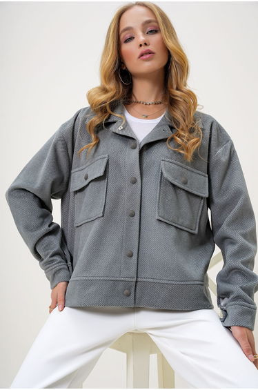 Women's Grey Lined Double Pocket Cashmere Jacket