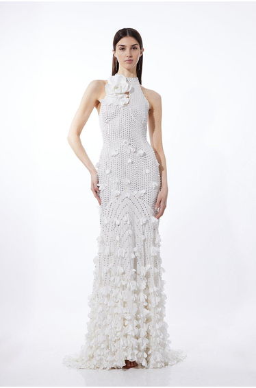 Floral Applique Crystal Embellished Woven Floor Rosette Maxi Dress