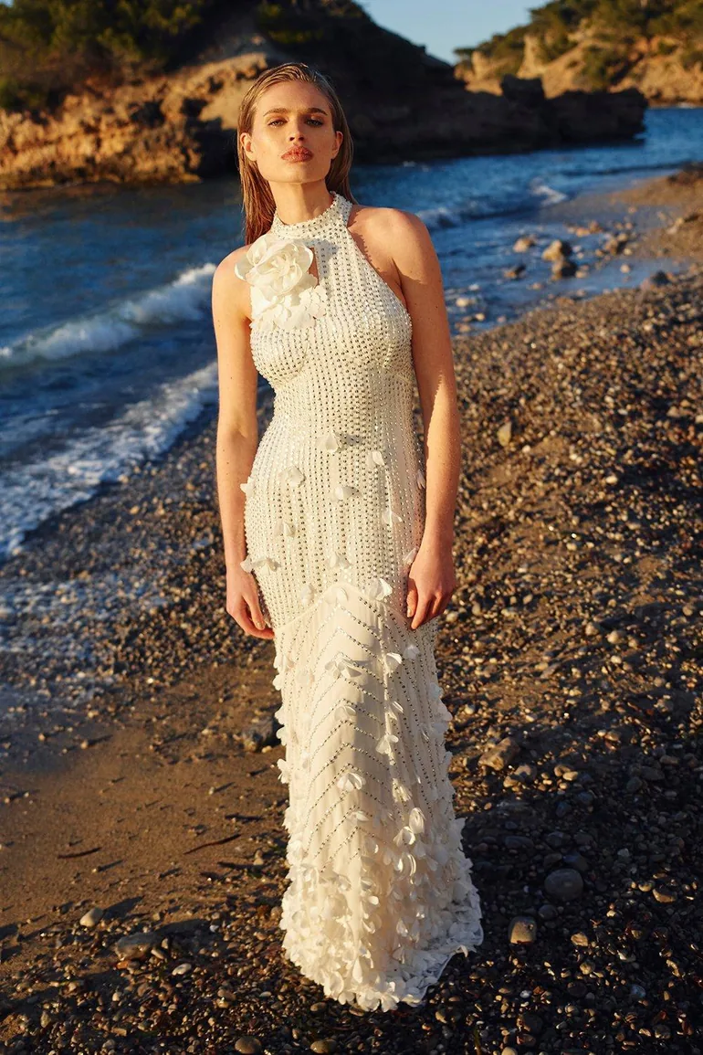crystal applique woven maxi rosette maxi dress Shop Floral Applique Crystal Embellished Woven Floor Rosette Maxi Dress Online in Oman