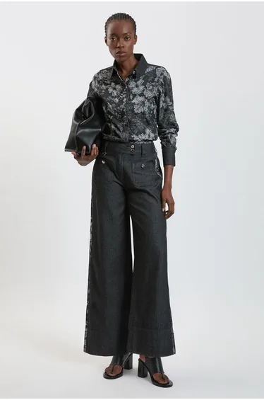 Jacquard Denim Contrast Collar and Cuff Shirt