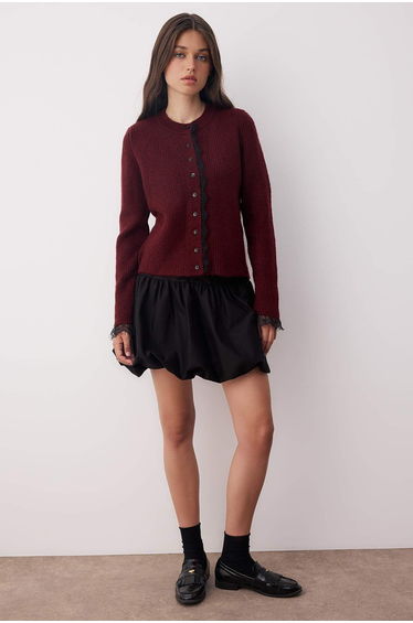 Burgundy Lace Shirt Garnish Knit Cardigan