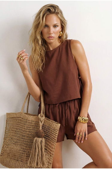 Brown Woven Tie Detail Beach Mini High Waist Blouse-Shorts Set