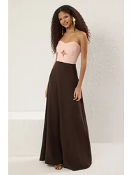 Powder-Brown A-Line Strapless Woven Long Elegant Evening & Graduation Dress
