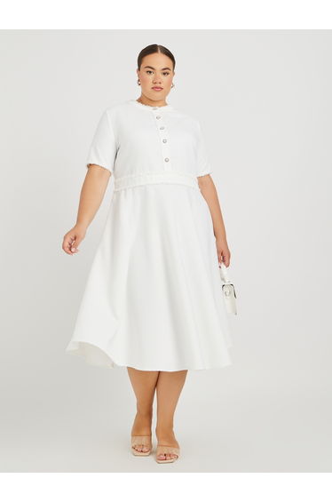 Plus Size Solid Buttoned Short Sleeve A-Line Midi Dress