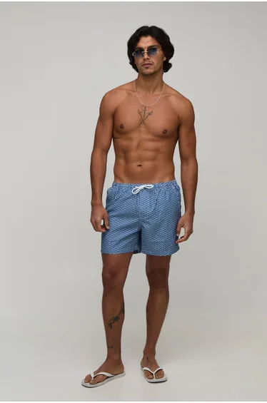 Abstract Print Mid Length Swim Short - blue