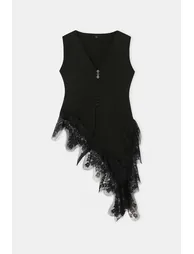 Black V-Neck Lace Detailed Thin Summer Knitwear Blouse - 7