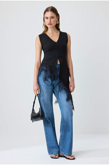 Black V-Neck Lace Detailed Thin Summer Knitwear Blouse