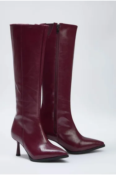Burgundy Pointed Toe Kitten Heeled Women's Boots