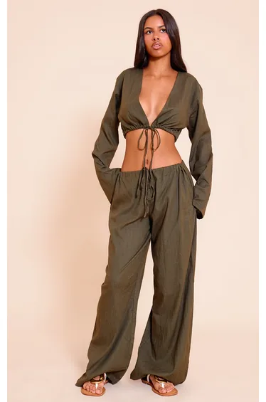 Petite Olive Tie Front Linen Blend Crop Top