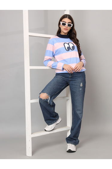Women Striped High Neck Cotton Top