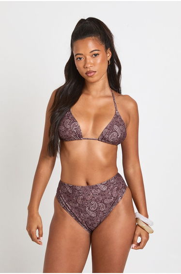 Paisley Print Triangle Bikini Top And High Leg Bikini Bottom - brown