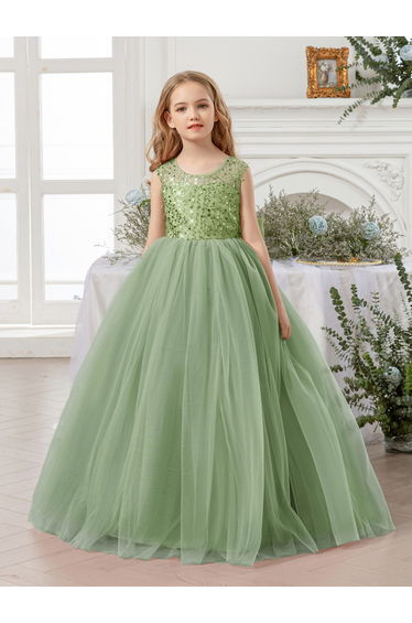 Girls Green Embellished Sleeveless Maxi Dress