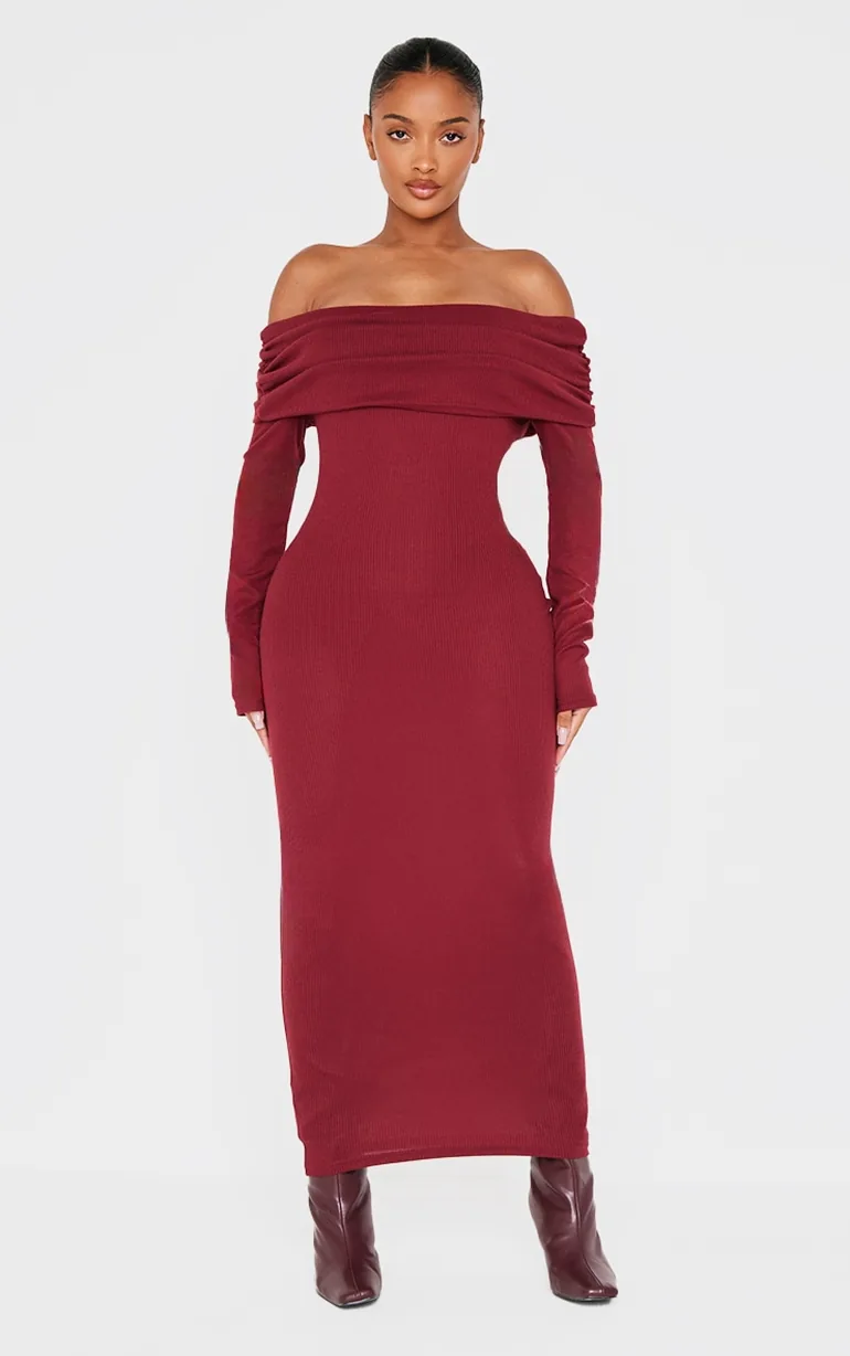 burgundy bardot maxi dress Perrie Bardot Jersey Maxi Dress main image 1