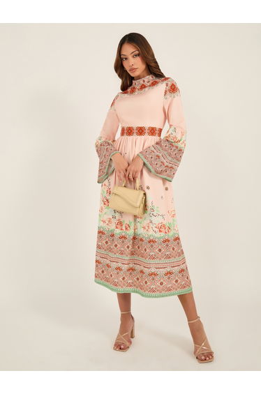 All-Over Floral Print High Neck Midi Dress