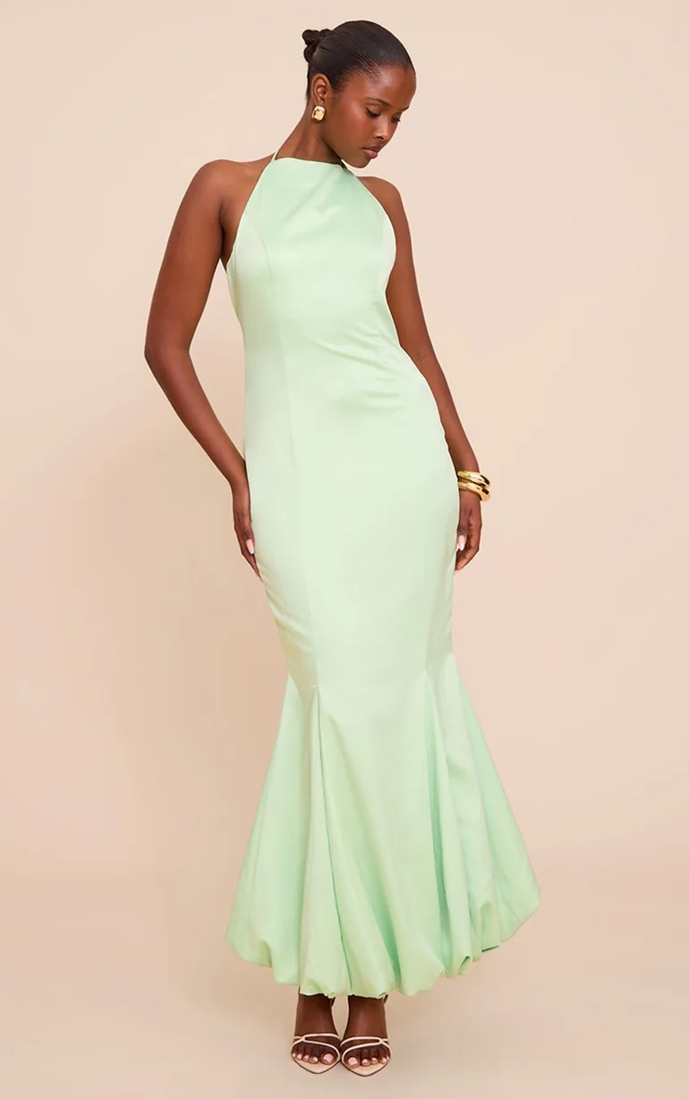 Green Satin Halterneck Puffball Maxi Dress Prettylittlething Green :  Evening Dresses : VogaCloset Bahrain