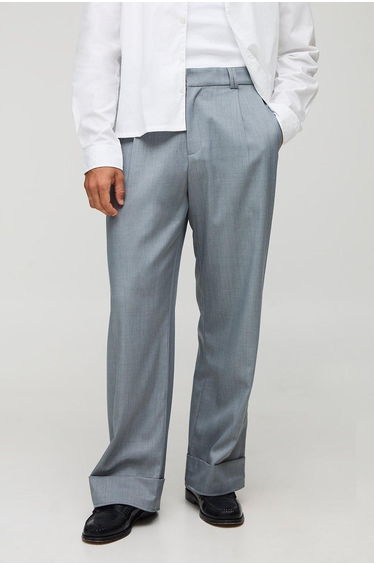 Wide Leg Pleat Front Trouser With Turn Up Hem - light grey