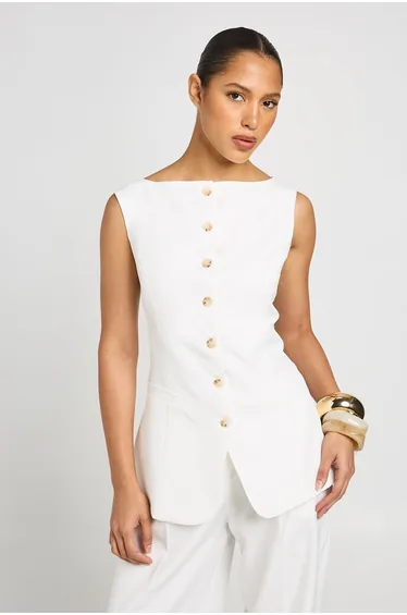 Boat Neck Longline Waistcoat - white