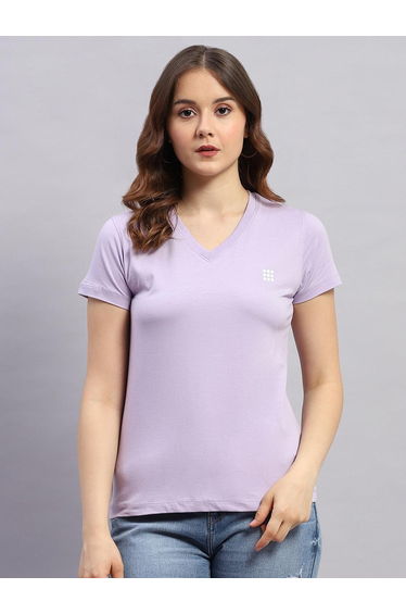 Women Lavender Solid V Neck Short Sleeve Top