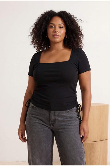 Black Square Neck Gathered Camisole Knitted Plus Size Blouse