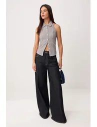 Multi-Colored Striped Fitted Polo Neck Buttoned Sleeveless Textured Knitted Blouse