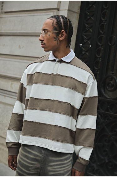 Oversized Boxy Distressed Long Sleeve Rugby Polo - brown
