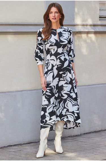 Black Floral Print Keyhole Detail Jersey Midi Dress