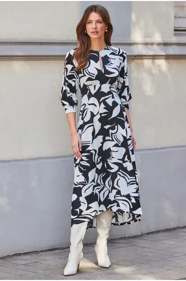 Black Floral Print Keyhole Detail Jersey Midi Dress