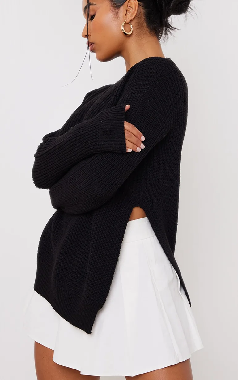Recycled Black Round Neck Side Split Jumper - 3