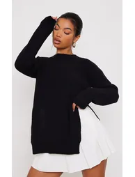 Recycled Black Round Neck Side Split Jumper - 2