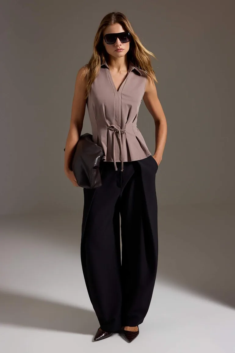 Dark Mink Plain Peplum Polo Collar Sleeveless Modal Fabric Knitted Blouse