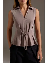Dark Mink Plain Peplum Polo Collar Sleeveless Modal Fabric Knitted Blouse - 1