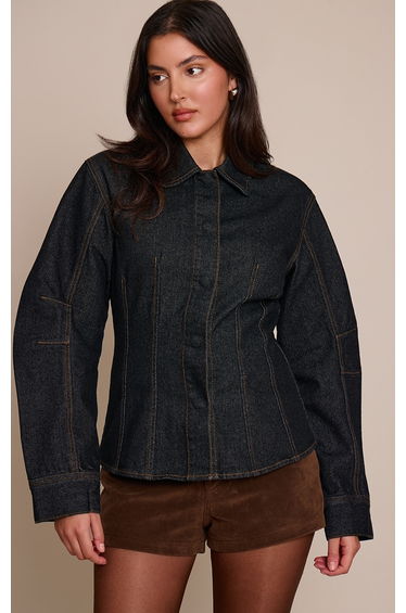 Raw Indigo Balloon Sleeve Cinched Denim Shirt