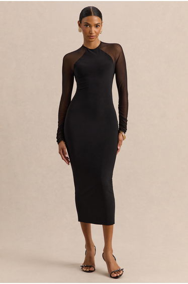 Aurevia | Black High-Neck Midi Dress With Long Mesh-Sleeves