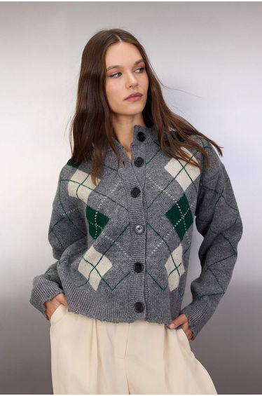 Anthracite Soft Textured Diamond Pattern Knitwear Cardigan