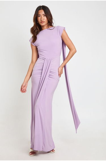 Double Layer Slinky Grown On Neck Drape Front Maxi Dress - lilac