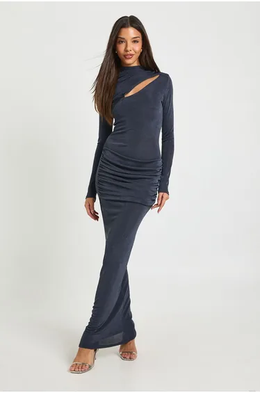 Key Hole Drape Detail Slinky Long Sleeve Maxi Dress - charcoal