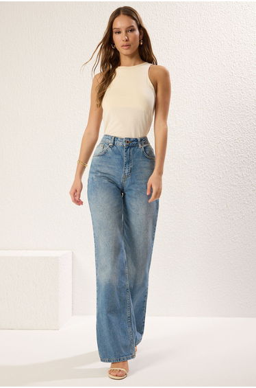 Blue High Waist Wide Leg Jeans
