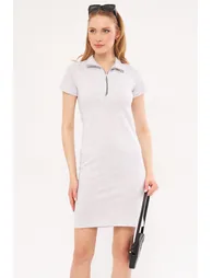 Women's Light Gray Collar Zippered Body-Fitting Above Knee Short Sleeve Dress