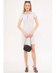 Women's Light Gray Collar Zippered Body-Fitting Above Knee Short Sleeve Dress - 2