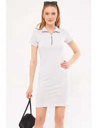 Women's Light Gray Collar Zippered Body-Fitting Above Knee Short Sleeve Dress - 3