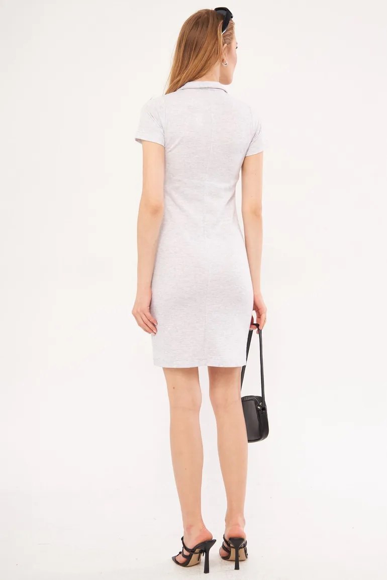 Women's Light Gray Collar Zippered Body-Fitting Above Knee Short Sleeve Dress - 1