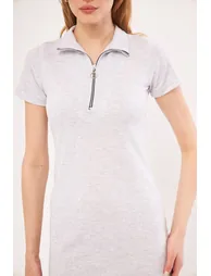 Women's Light Gray Collar Zippered Body-Fitting Above Knee Short Sleeve Dress - 4