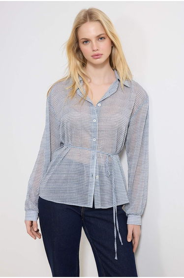 Blue Checkered Belted Transparent Shirt