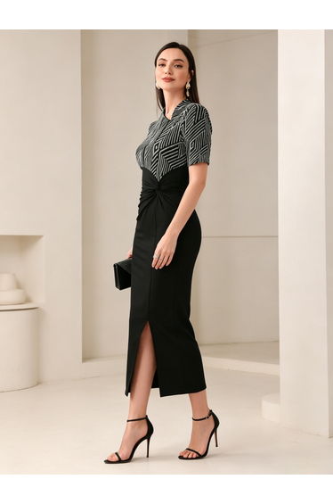 Black Geometric Print Bodycon Midi Dress