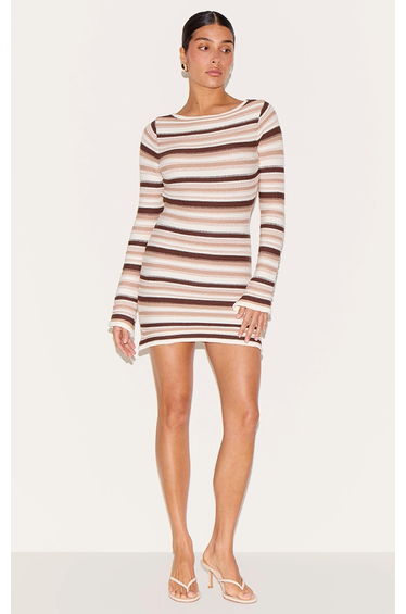 Petite Cream Knitted Stripe Long Sleeve Mini Dress