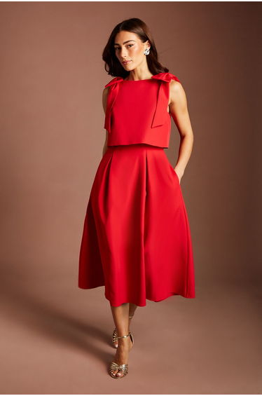 Sleeveless Bow Shoulder Midi Dress With Bodice Overlay