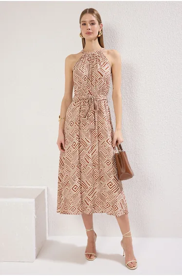 Light Brown Belted Plain Elastic Waist Belted Midi Woven Dress