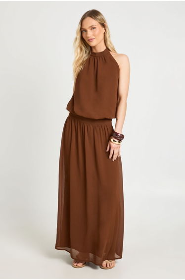 Petite Chiffon Ruched Drop Waist Halter Neck Maxi Dress - chocolate