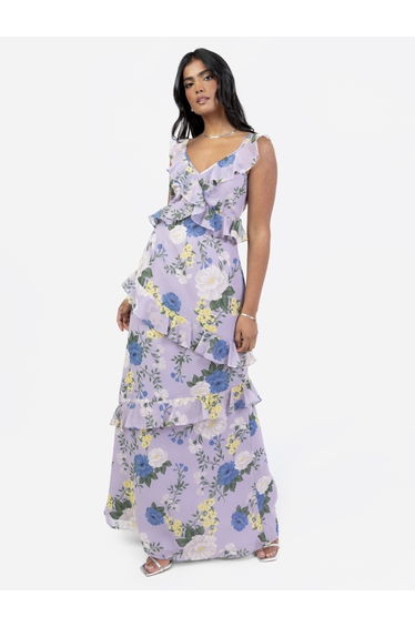 Anaya With Love Floral Strappy Lilac Maxi Dress with Ruffle Detail